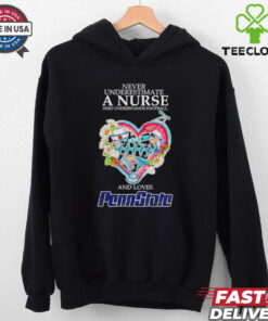 Never Underestimate a Nurse Who Understands Football and Loves Penn State Shirt, featuring a bold design that combines a love for nursing, football, and the Penn State Nittany Lions. Perfect for female fans who balance their passion for healthcare and their pride in Penn State!