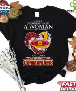 Never underestimate a woman and loves Washington Commanders hoodie, sweater, longsleeve, shirt v-neck, t-shirt