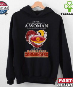 Never underestimate a woman and loves Washington Commanders hoodie, sweater, longsleeve, shirt v-neck, t-shirt