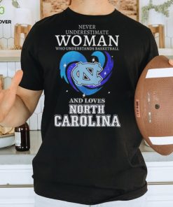 Never underestimate a woman who understands baseball and loves north Carolina tar heels heart 2023 shirt