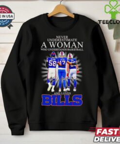 Never Underestimate a Woman Who Understands Basketball and Loves Buffalo Bills Stars Signatures Shirt, featuring a bold design with the phrase and signatures of Buffalo Bills stars. Perfect for female fans who are passionate about both basketball and the Bills, showcasing their love for the game and team.