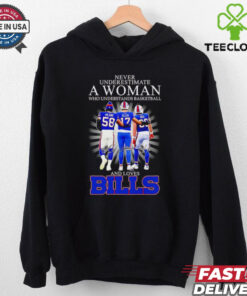 Never Underestimate a Woman Who Understands Basketball and Loves Buffalo Bills Stars Signatures Shirt, featuring a bold design with the phrase and signatures of Buffalo Bills stars. Perfect for female fans who are passionate about both basketball and the Bills, showcasing their love for the game and team.