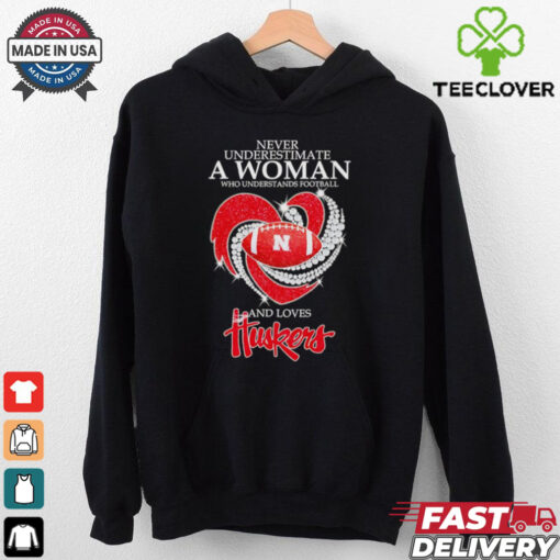Never underestimate a woman who understands football and loves Huskers diamond shirt