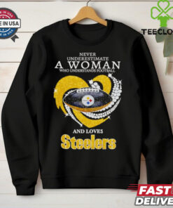 Never Underestimate a Woman Who Understands Football and Loves Steelers Diamond Shirt, featuring a bold design with sparkling diamond accents and the Pittsburgh Steelers logo. Perfect for female fans who are passionate about football and proudly support the Steelers!