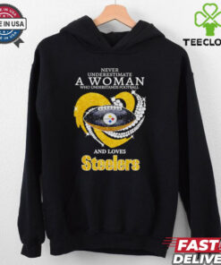 Never Underestimate a Woman Who Understands Football and Loves Steelers Diamond Shirt, featuring a bold design with sparkling diamond accents and the Pittsburgh Steelers logo. Perfect for female fans who are passionate about football and proudly support the Steelers!