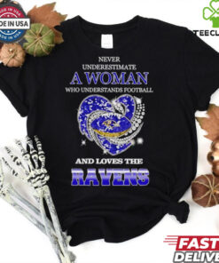 Never underestimate a woman who understands football and loves the Baltimore Ravens rhinestone heart 2024 shirt