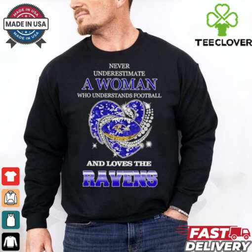 Never underestimate a woman who understands football and loves the Baltimore Ravens rhinestone heart 2024 shirt