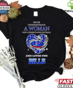 Never underestimate a woman who understands football and loves the Buffalo Bills rhinestone heart 2024 shirt