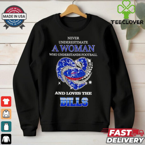 Never underestimate a woman who understands football and loves the Buffalo Bills rhinestone heart 2024 shirt