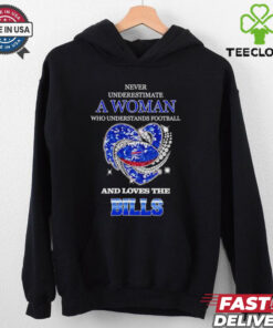 Never underestimate a woman who understands football and loves the Buffalo Bills rhinestone heart 2024 shirt