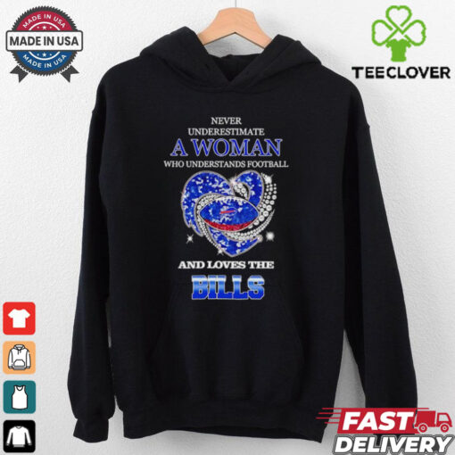 Never underestimate a woman who understands football and loves the Buffalo Bills rhinestone heart 2024 shirt