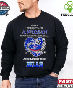 Never underestimate a woman who understands football and loves the Buffalo Bills rhinestone heart 2024 shirt