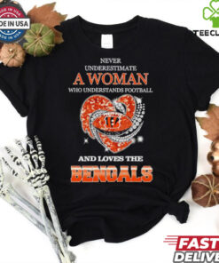 Never underestimate a woman who understands football and loves the Cincinnati Bengals rhinestone heart 2024 shirt