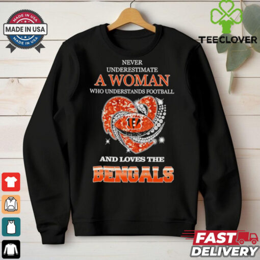 Never underestimate a woman who understands football and loves the Cincinnati Bengals rhinestone heart 2024 shirt
