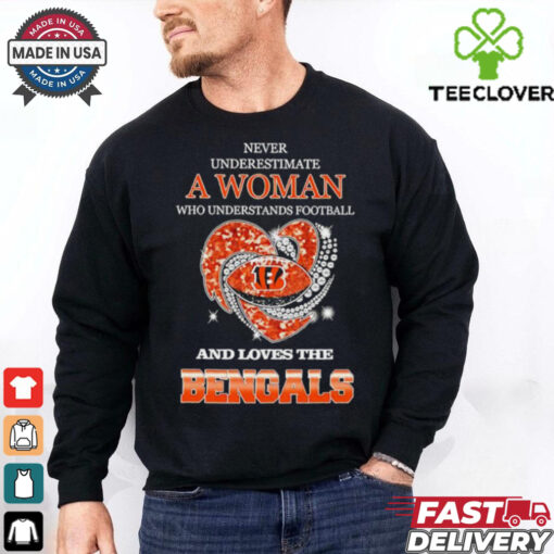 Never underestimate a woman who understands football and loves the Cincinnati Bengals rhinestone heart 2024 shirt