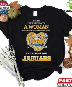 Never underestimate a woman who understands football and loves the Jacksonville Jaguars rhinestone heart 2024 shirt