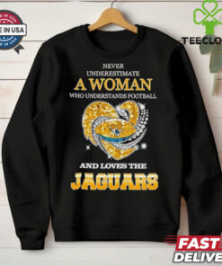 Never underestimate a woman who understands football and loves the Jacksonville Jaguars rhinestone heart 2024 shirt