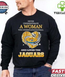Never underestimate a woman who understands football and loves the Jacksonville Jaguars rhinestone heart 2024 shirt