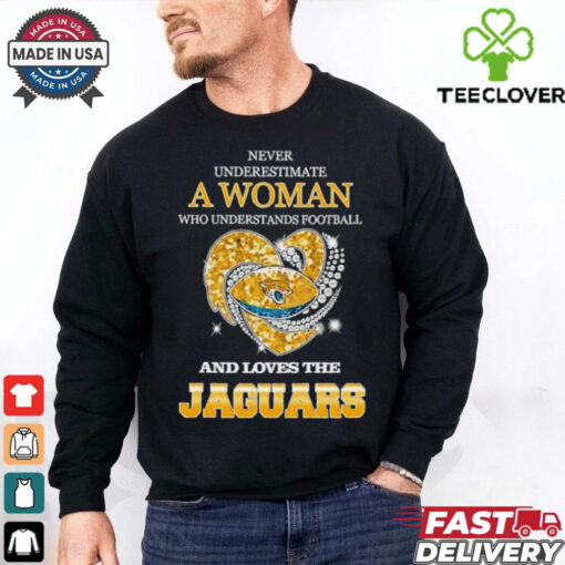 Never underestimate a woman who understands football and loves the Jacksonville Jaguars rhinestone heart 2024 shirt