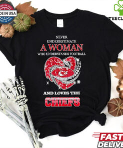 Never underestimate a woman who understands football and loves the Kansas City Chiefs rhinestone heart 2024 shirt