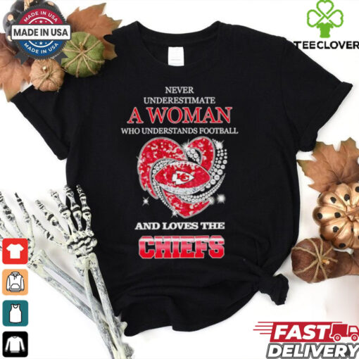Never underestimate a woman who understands football and loves the Kansas City Chiefs rhinestone heart 2024 shirt