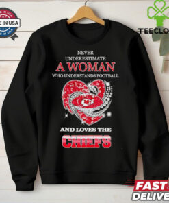 Never underestimate a woman who understands football and loves the Kansas City Chiefs rhinestone heart 2024 shirt