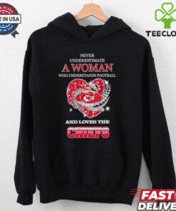 Never underestimate a woman who understands football and loves the Kansas City Chiefs rhinestone heart 2024 shirt