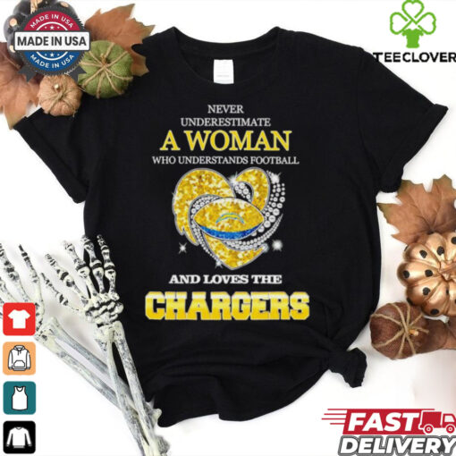 Never underestimate a woman who understands football and loves the Los Angeles Chargers rhinestone heart 2024 shirt