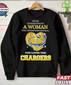 Never underestimate a woman who understands football and loves the Los Angeles Chargers rhinestone heart 2024 shirt