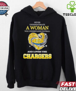 Never underestimate a woman who understands football and loves the Los Angeles Chargers rhinestone heart 2024 shirt