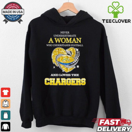 Never underestimate a woman who understands football and loves the Los Angeles Chargers rhinestone heart 2024 shirt
