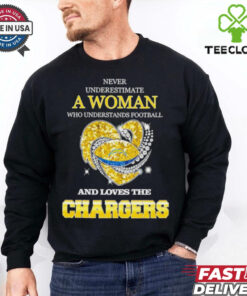 Never underestimate a woman who understands football and loves the Los Angeles Chargers rhinestone heart 2024 shirt