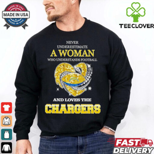 Never underestimate a woman who understands football and loves the Los Angeles Chargers rhinestone heart 2024 shirt