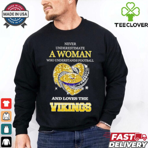 Never underestimate a woman who understands football and loves the Minnesota Vikings rhinestone heart 2024 shirt