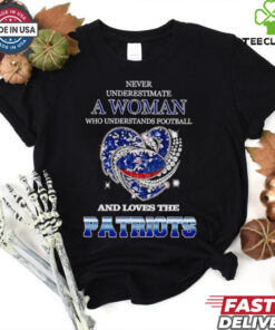 Never underestimate a woman who understands football and loves the New England Patriots rhinestone heart 2024 shirt
