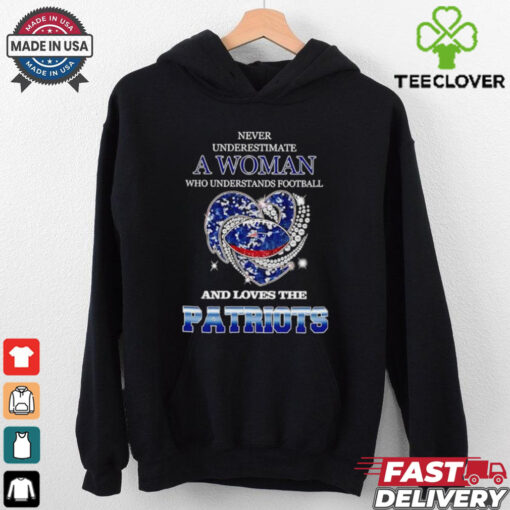 Never underestimate a woman who understands football and loves the New England Patriots rhinestone heart 2024 shirt