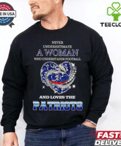 Never underestimate a woman who understands football and loves the New England Patriots rhinestone heart 2024 shirt