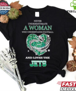 Never underestimate a woman who understands football and loves the New York Jets rhinestone heart 2024 shirt