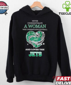 Never underestimate a woman who understands football and loves the New York Jets rhinestone heart 2024 shirt