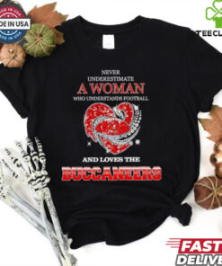 Never underestimate a woman who understands football and loves the Tampa Bay Buccaneers rhinestone heart 2024 shirt