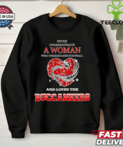 Never underestimate a woman who understands football and loves the Tampa Bay Buccaneers rhinestone heart 2024 shirt