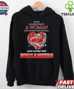 Never underestimate a woman who understands football and loves the Tampa Bay Buccaneers rhinestone heart 2024 shirt