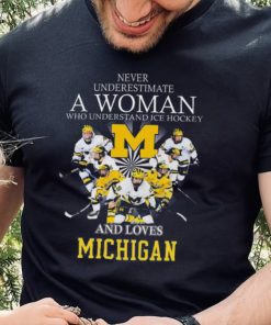 Never underestimate a woman who understands ice hockey and loves michigan wolverines shirt
