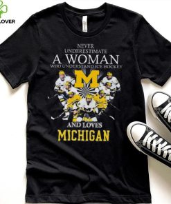 Never underestimate a woman who understands ice hockey and loves michigan wolverines shirt