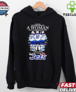 Never Underestimate a Woman Who Understands Hockey and Loves Winnipeg Jets T-shirt, featuring bold design, unisex fit, Winnipeg Jets fan gear, empowering hockey shirt.