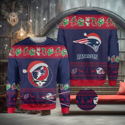 New England Patriots Grateful Dead SKull And Bears Ugly Christmas Sweater