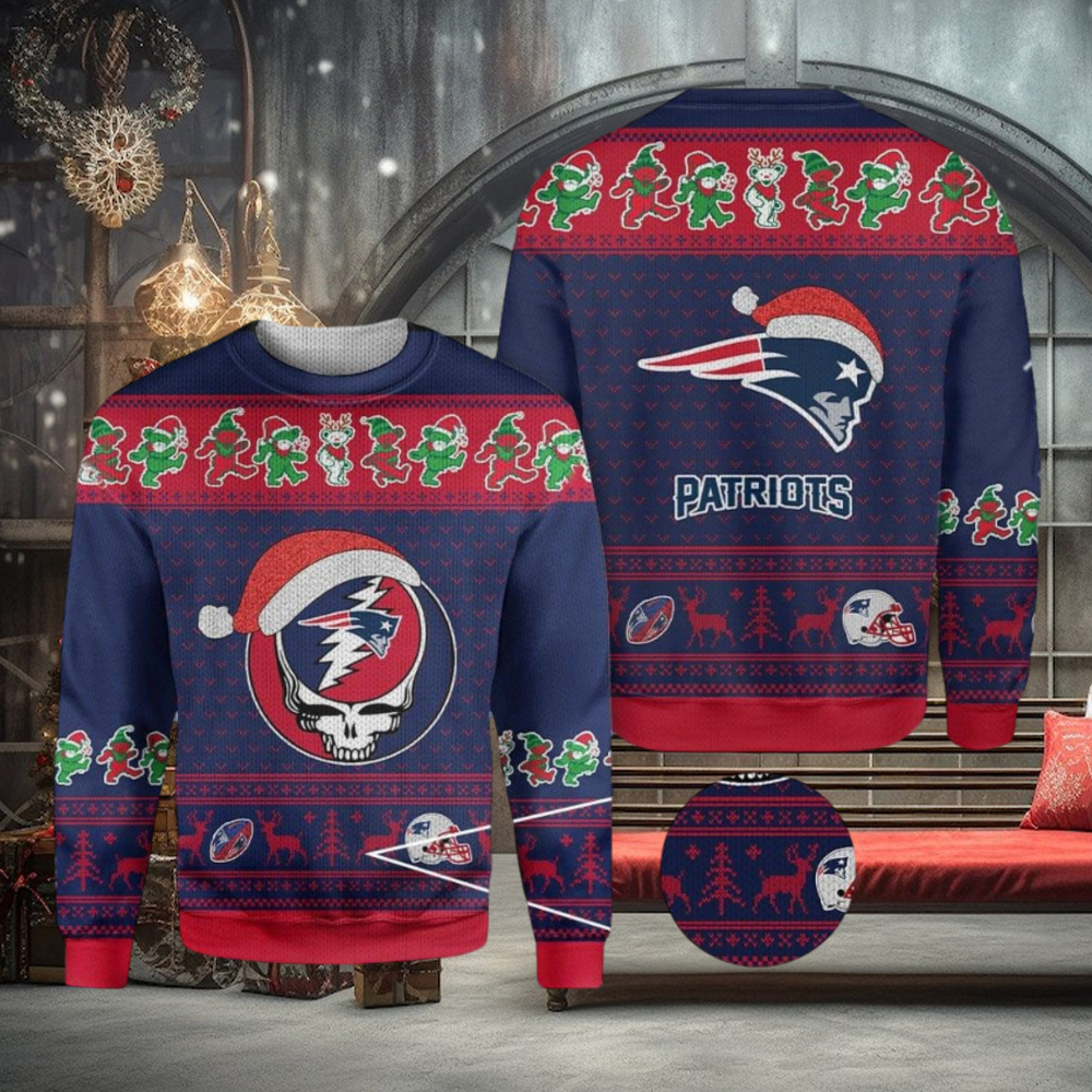 New England Patriots Grateful Dead SKull And Bears Ugly Christmas Sweater New England Patriots Grateful Dead SKull And Bears Ugly Christmas Sweater