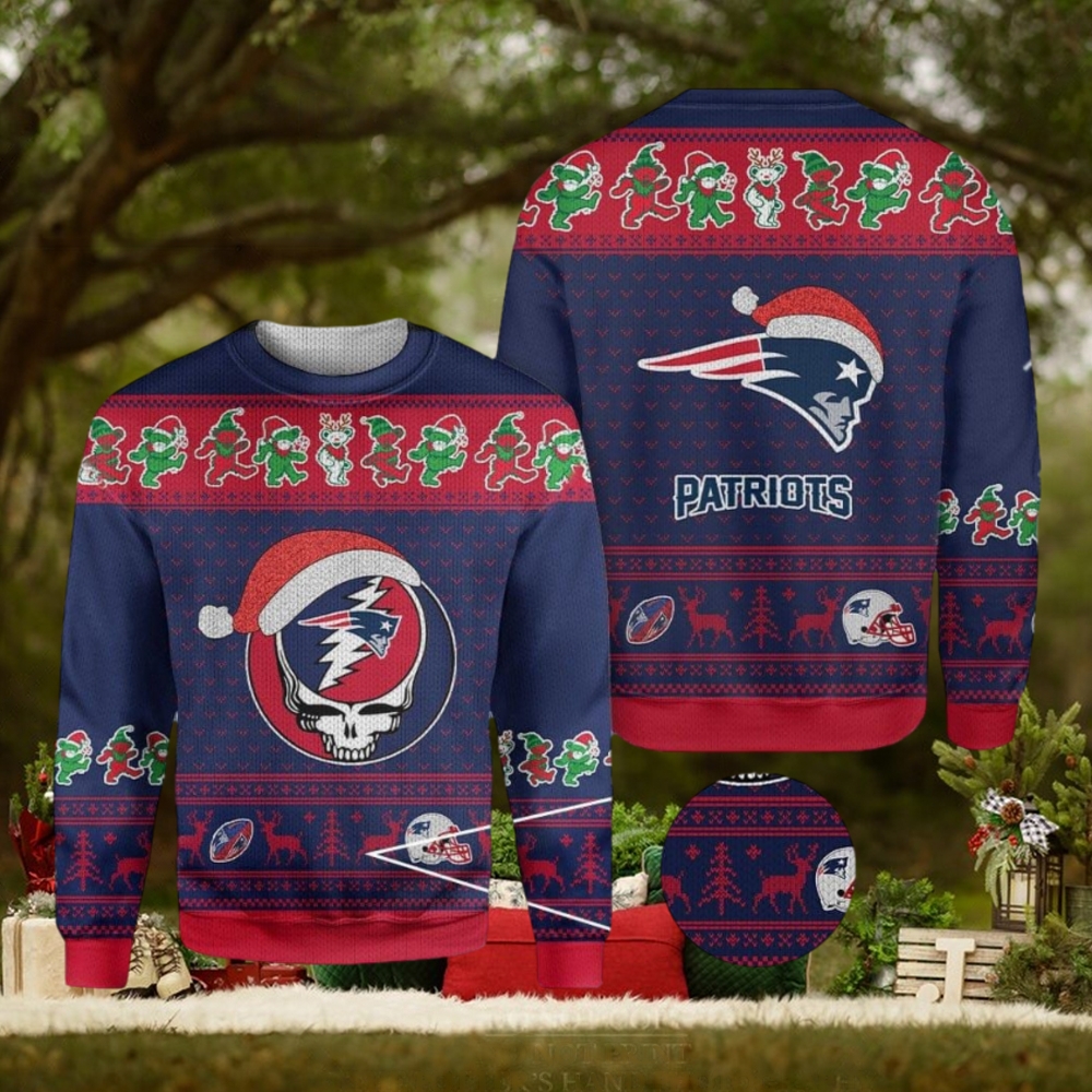 New England Patriots Grateful Dead SKull And Bears Ugly Christmas Sweater New England Patriots Grateful Dead SKull And Bears Ugly Christmas Sweater