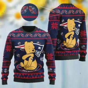 New England Patriots NFL American Football Team Logo Cute Winnie The Pooh Bear 3D Ugly Christmas Sweater Shirt For Men And Women On Xmas Days