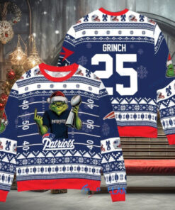 New England Patriots x Grinch Christmas Dr. Seuss How the Grinch Stole Christmas with Super Bowl Trophy Custom Ugly Christmas Sweater
